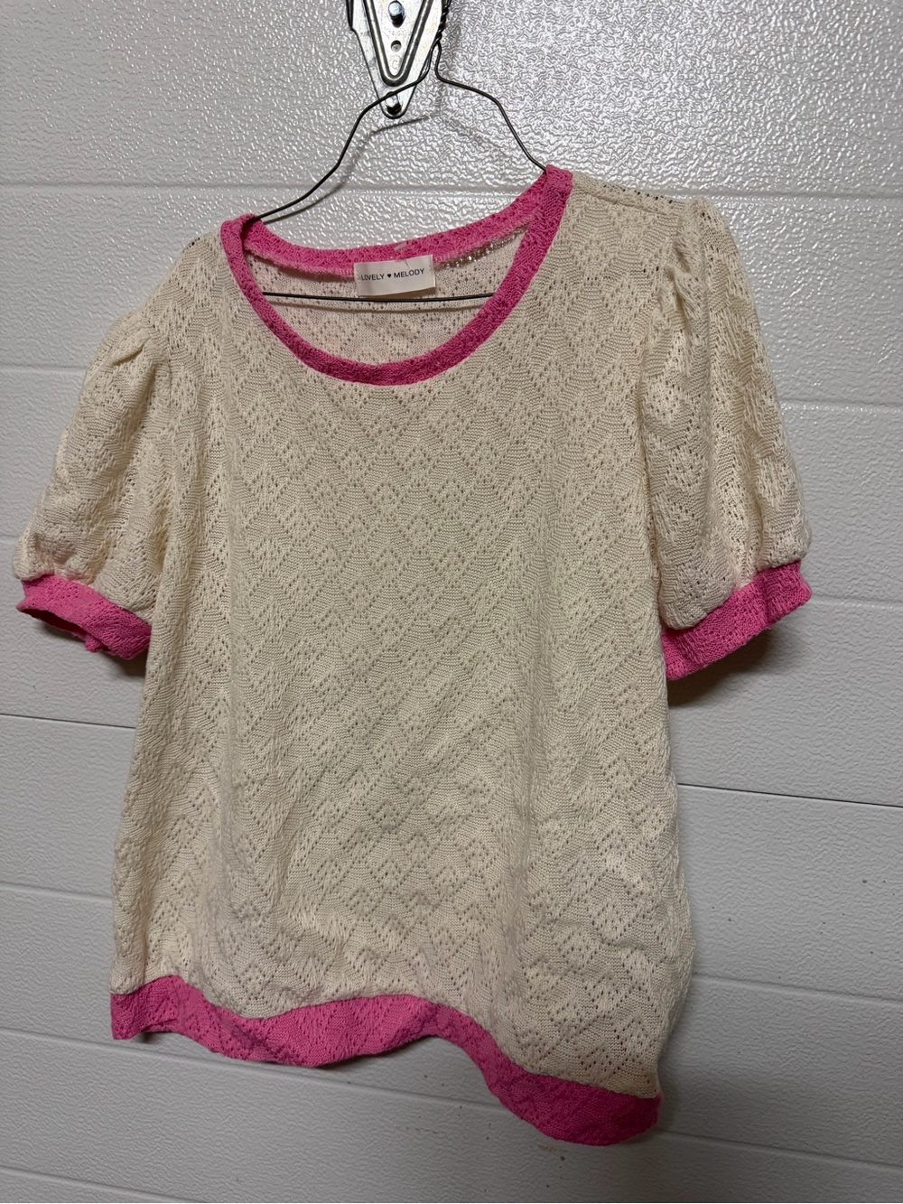Lovely Melody Cream Short-Sleeve Knit Top with Pink Trim
